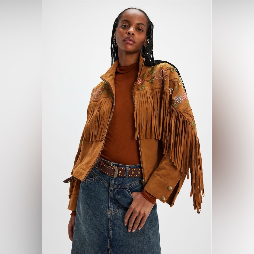 Free People Willa Western Bomber Brown Leather Jacket Fringe Embroidery L XL - Picture 3 of 11
